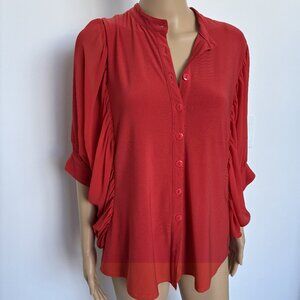 Joseph Ribkoff Orange/Red Draped Statement Sleeve Button-Front Blouse